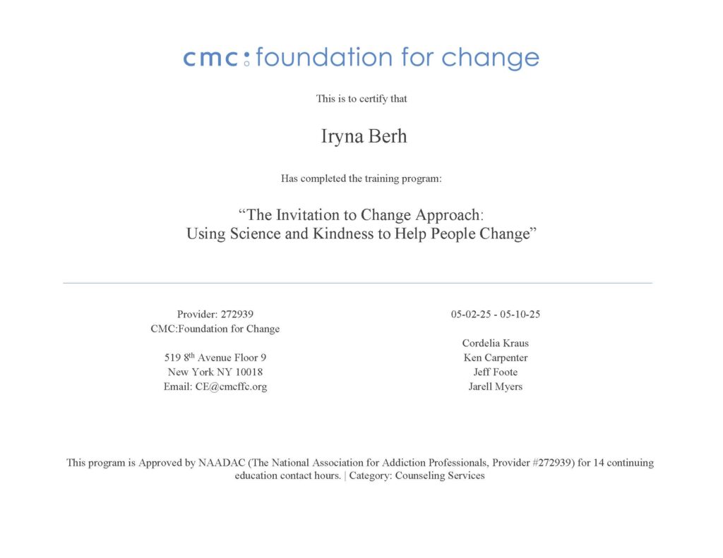 ITC (Invitation to Change Approach) — обучение основам подхода ITC - Приглашение к Переменам (май 2025) → CMC: Foundation for Change (США)