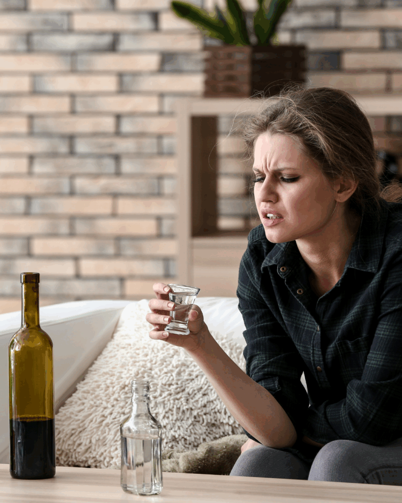 Женщина с отвращением смотрит на рюмку в руке — отражение сомнений, усталости и точки "хватит".