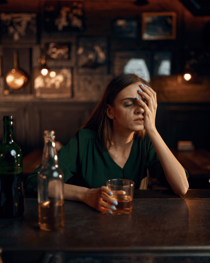 Женщина с рукой на лице, сидит за барной стойкой — образ истощения и эмоционального тупика.