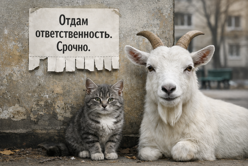 Серый котёнок и ухоженная городская коза стоят у стены с объявлением «Отдам ответственность. Срочно.», ироничная городская сцена.