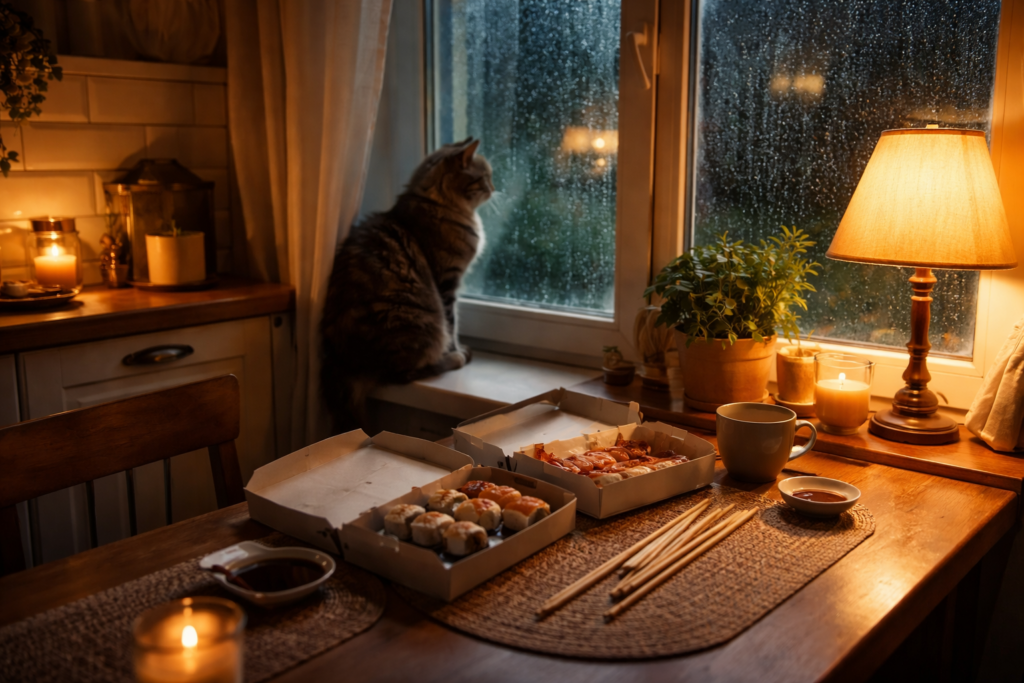 Иллюстрация к статье о коммуникации: кот на кухне у окна в дождливый вечер, на столе коробочки с суши и тёплый свет лампы