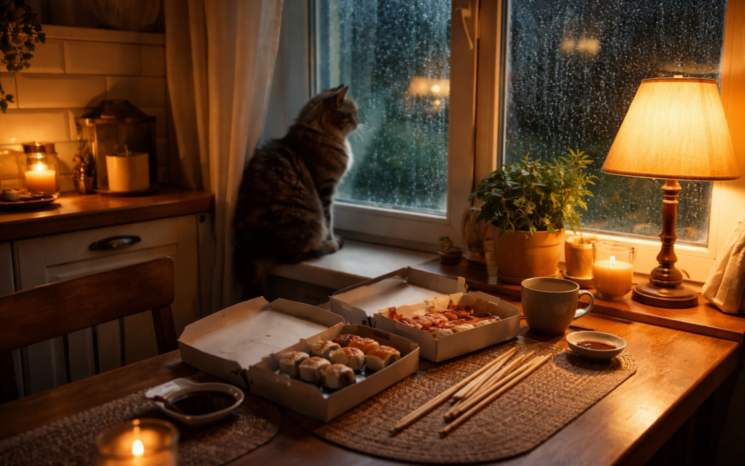 Иллюстрация к статье о коммуникации: кот на кухне у окна в дождливый вечер, на столе коробочки с суши и тёплый свет лампы