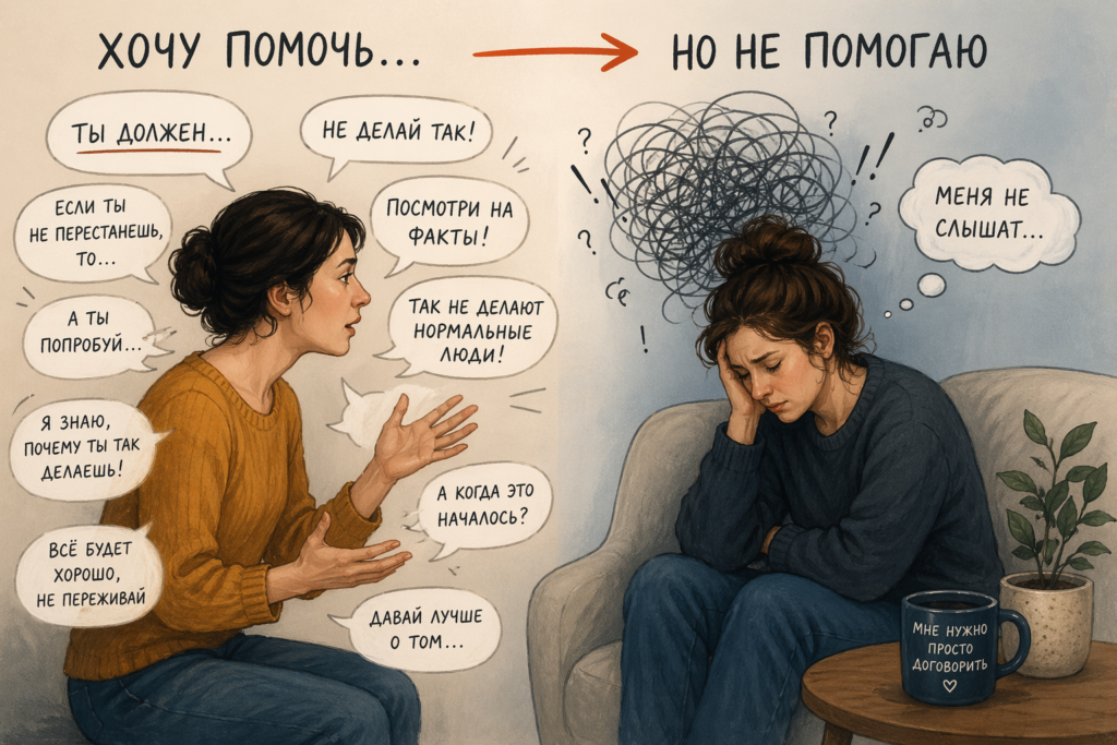 попытка помочь советами приводит к тому что человек закрывается и чувствует давление