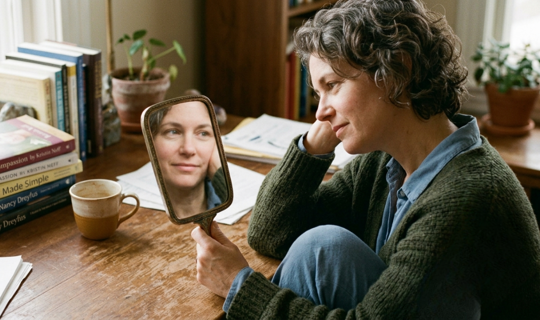 самосострадание: женщина смотрит на себя в зеркало и проявляет поддержку и принятие