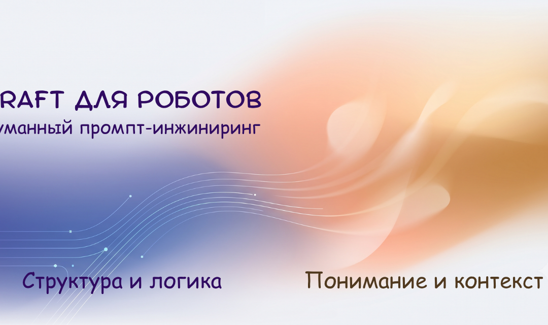 Баннер «CRAFT для роботов: гуманный промпт-инжиниринг». Абстрактный цифровой арт, символизирующий соединение структуры, логики, понимания и контекста.